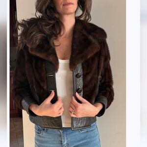 Vintage LUXURY Glam Chocolate Mocha Mink & Leather Waist Length Coat